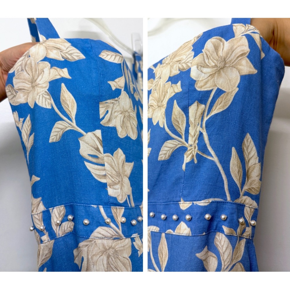 Agua by Agua Bendita Lima Madera Maxi Dress Linen Blue Ivory Floral Print L - Picture 6 of 16